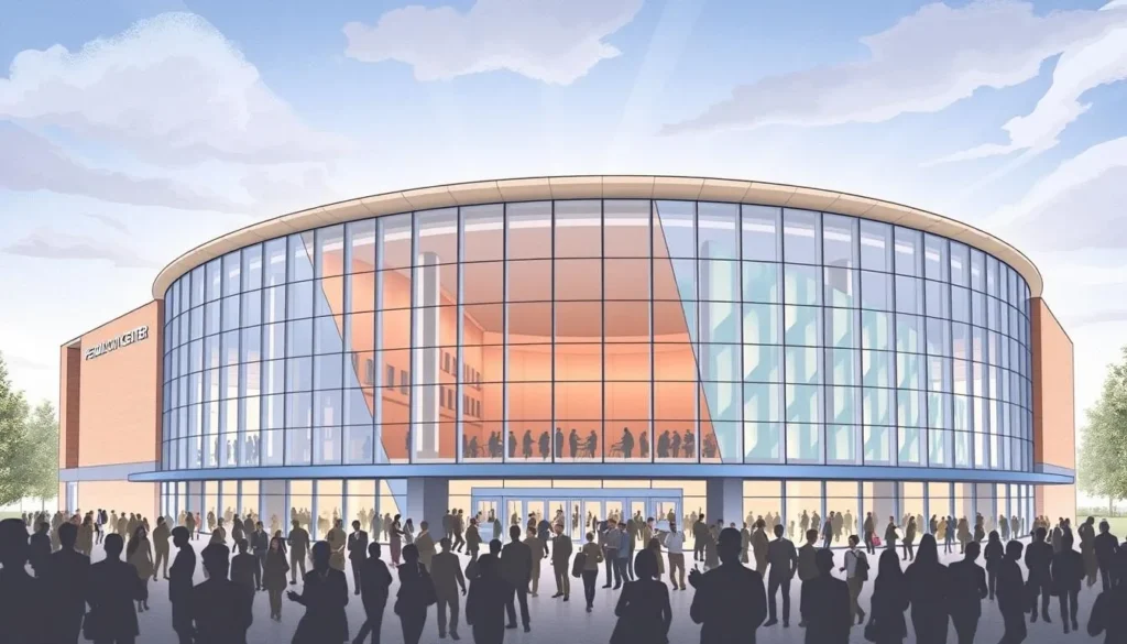 Image of the Peoria Civic Center, showcasing its modern architecture and a bustling crowd attending an event.