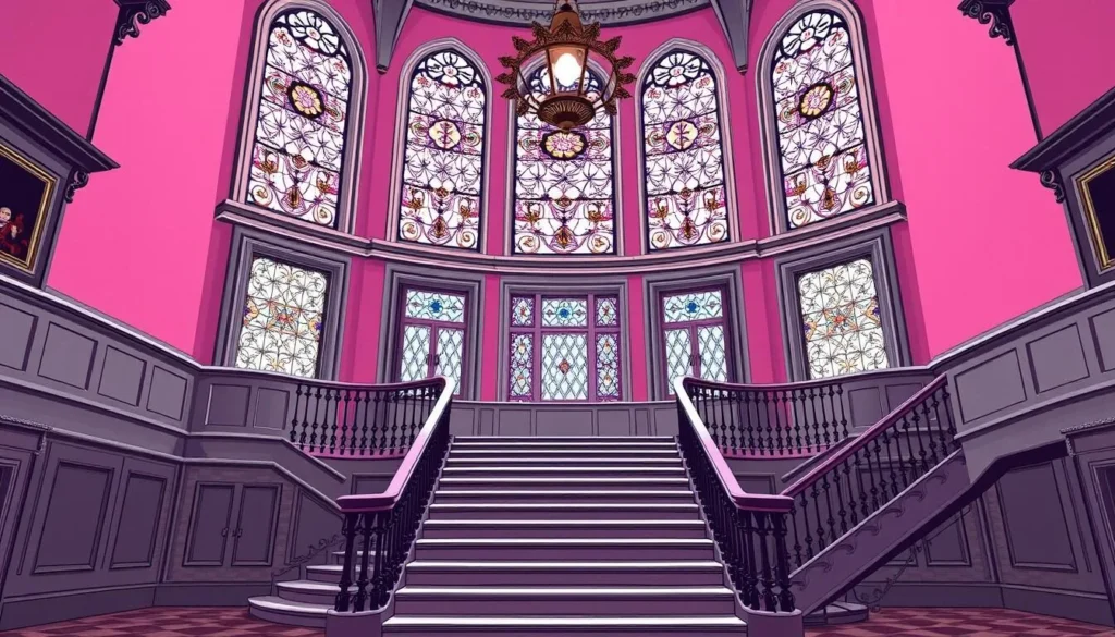 Image of the Pink Palace Museum's grand staircase and stained glass windows