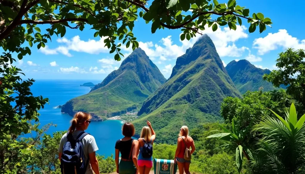 Image of the Pitons, St. Lucia's iconic twin volcanic peaks, with a guided tour.