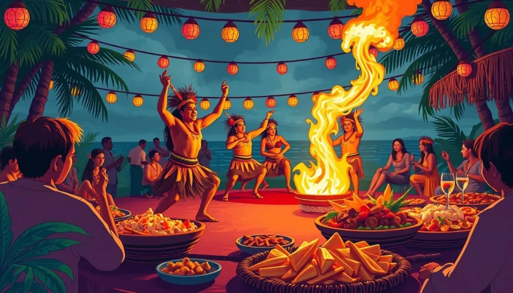 Image of the Polynesian Fire Dinner Show with performers and a luau buffet