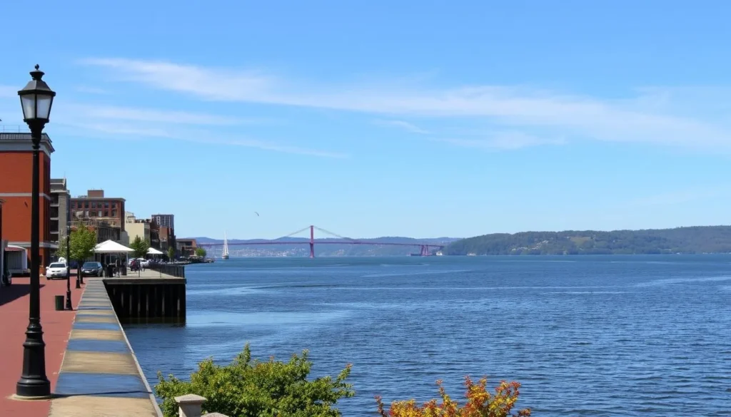 Image of the Poughkeepsie waterfront with the Hudson River in the background