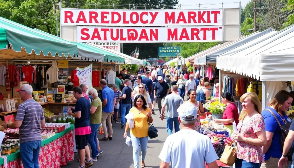 Image of the Redmond Saturday Market with vendors and customers