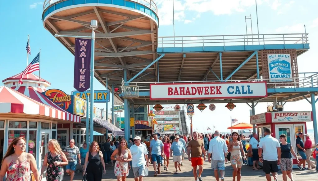 Image of the Rehoboth Beach Boardwalk during a sunny summer day with people strolling and enjoying the shops and attractions.