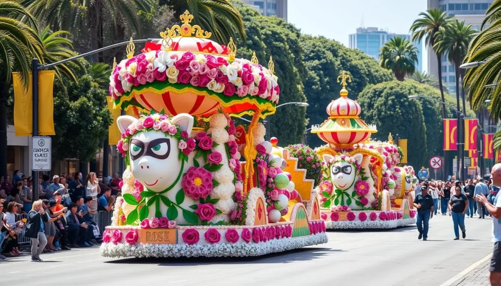 Image of the Rose Parade floats on Colorado Boulevard
