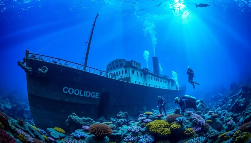 Image of the SS Coolidge wreck with divers exploring the ship