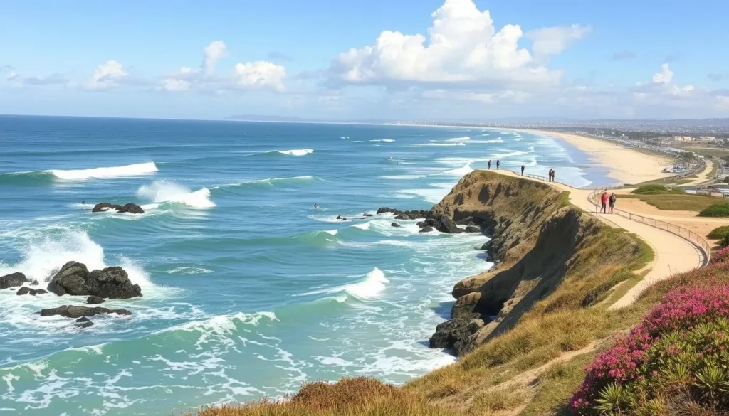 Image of the San Clemente Beach Trail with surfers in the background
