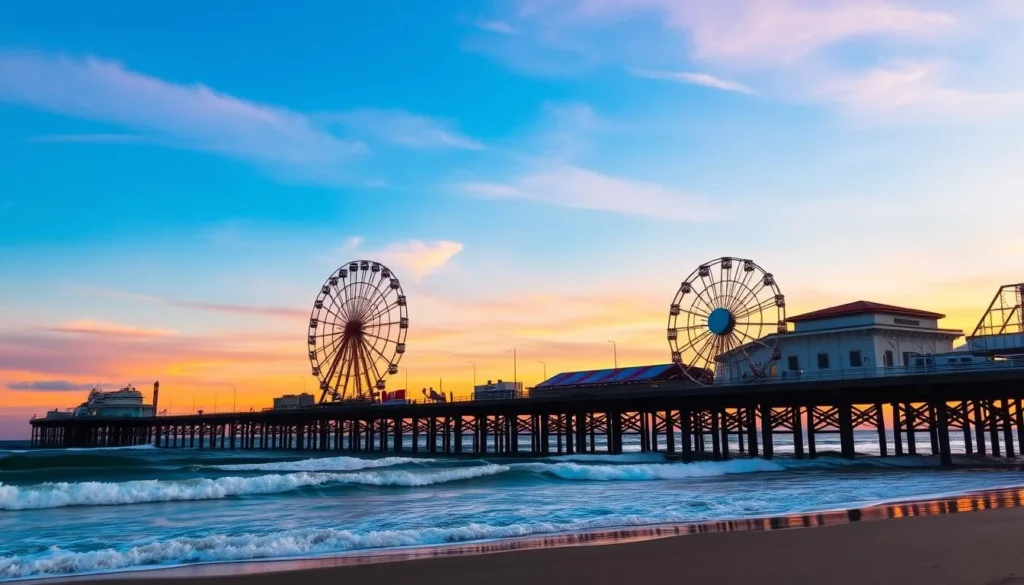 Image of the Santa Monica Pier at sunset with the Ferris wheel in motion