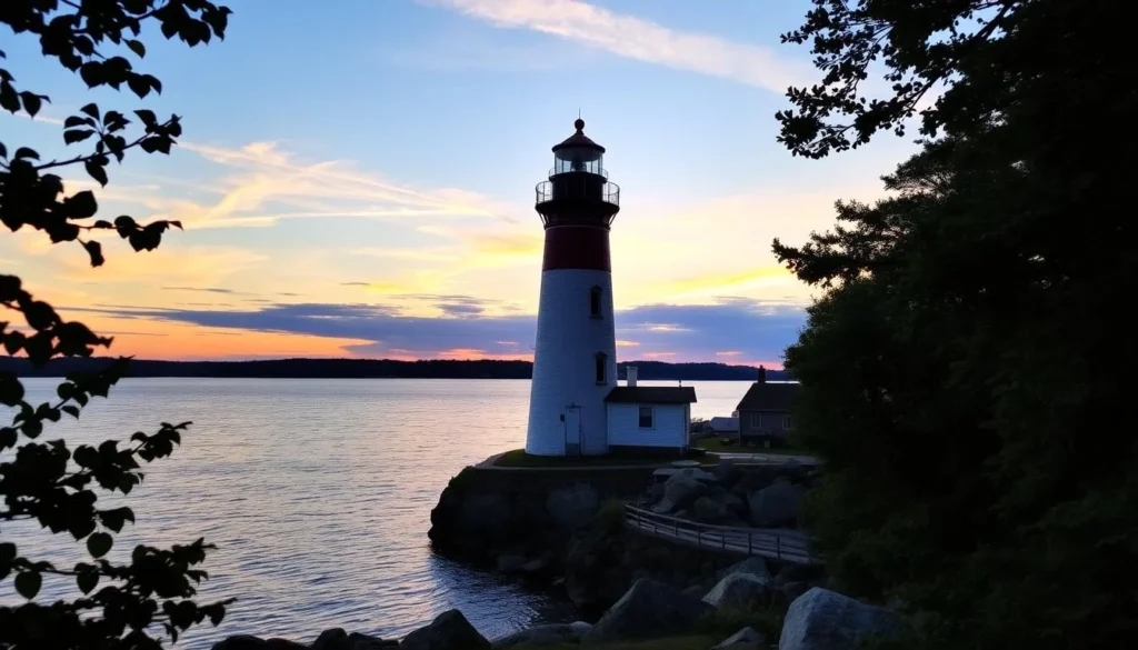 Image of the Saugerties Lighthouse at sunset with a serene Hudson River view