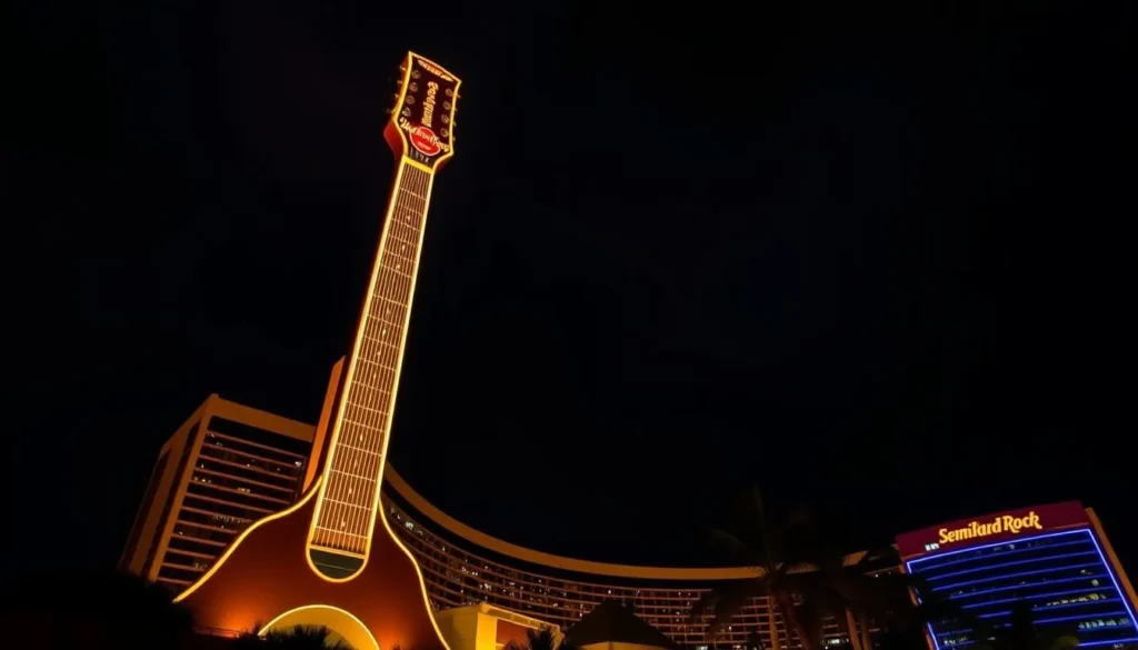 Image of the Seminole Hard Rock Hotel and Casino's guitar-shaped tower at night Image of the Seminole Hard Rock Hotel and Casino's guitar-shaped tower at night