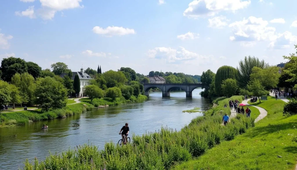 Image of the Somme River in Amiens with people cycling and enjoying outdoor activities