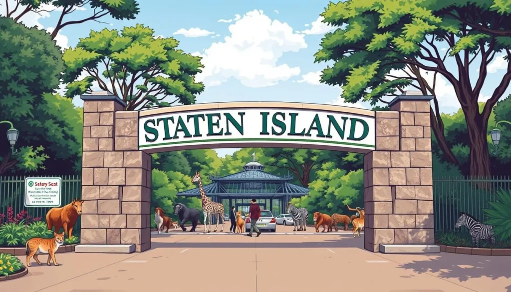 Image of the Staten Island Zoo's entrance with a sign and various animals in the background