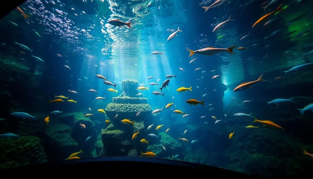 Image of the Underwater Observatory in Milford Sound, with marine life visible through the viewing chamber