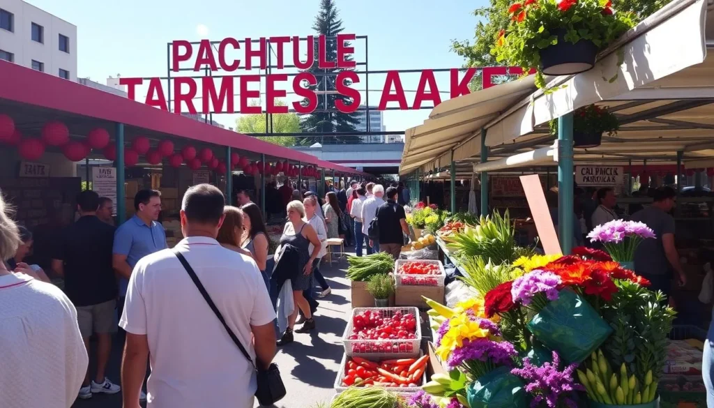 Image of the Vancouver Farmers Market on a sunny day with vendors selling fresh produce and flowers.
