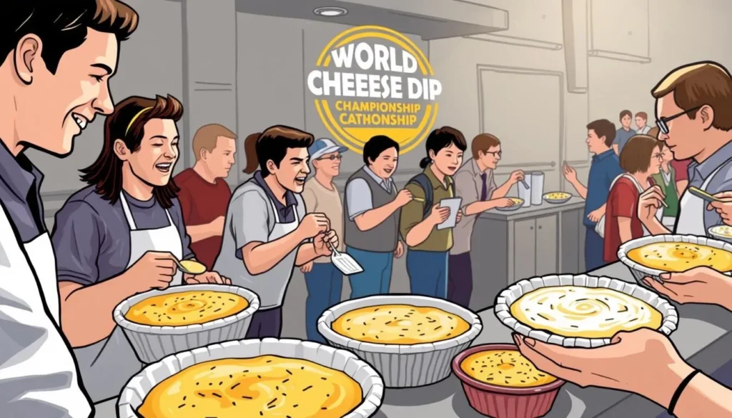 Image of the World Cheese Dip Championship, featuring contestants competing and people enjoying cheese dip samples.