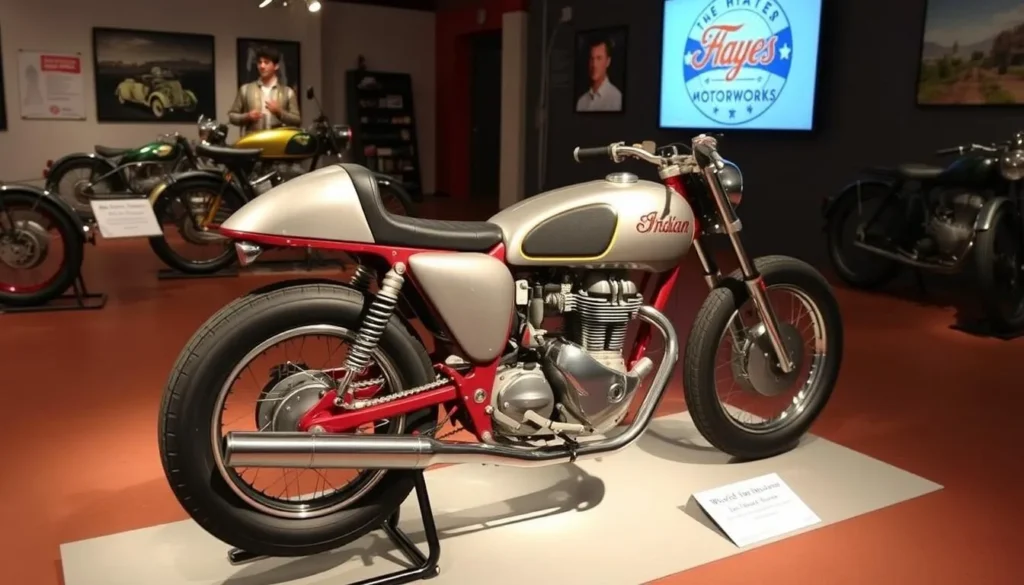 Image of the "World's Fastest Indian" motorcycle on display at E Hayes Motorworks.