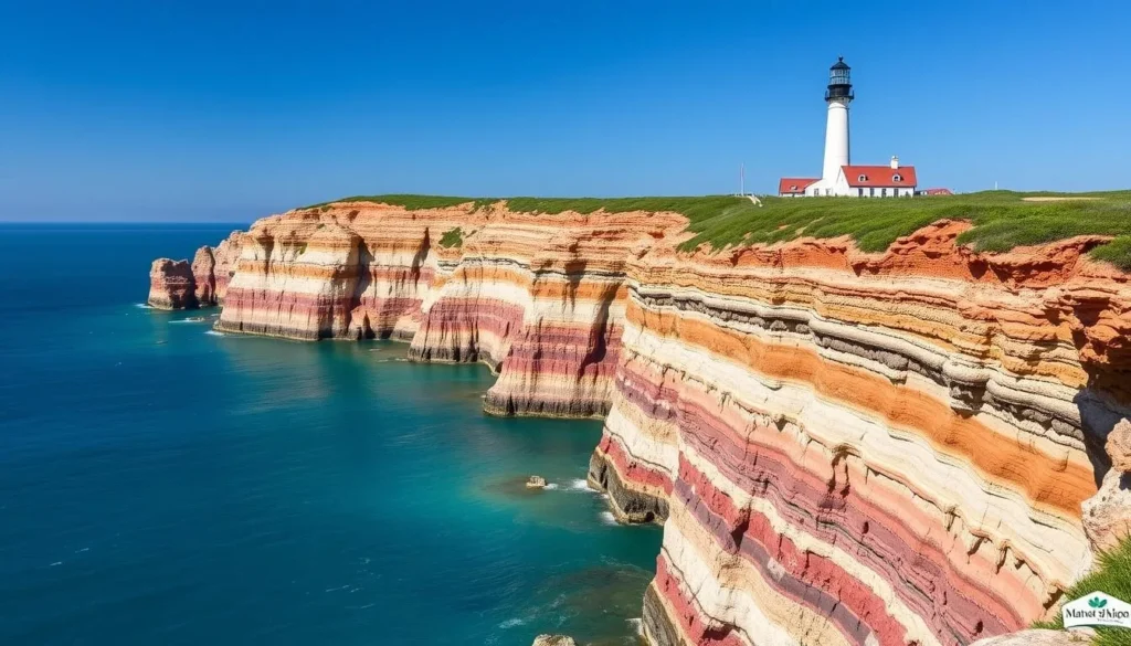 Image of the colorful Aquinnah Cliffs and the Gay Head Lighthouse