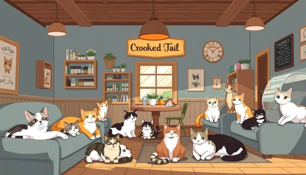 Image of the cozy interior of Crooked Tail Cat Cafe with adoptable rescue cats