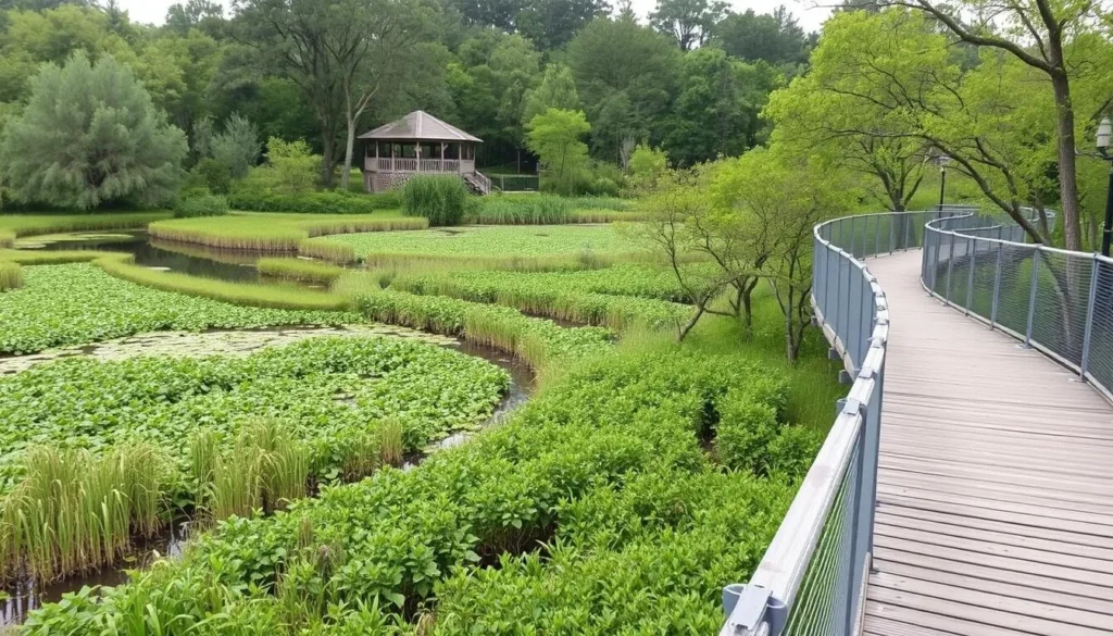 Image of the elevated boardwalk at Bog Garden at Benjamin Park with natural wetlands