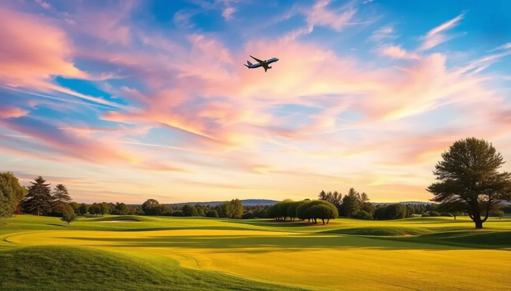 Image of the golf course on West Island with an airplane taking off in the background