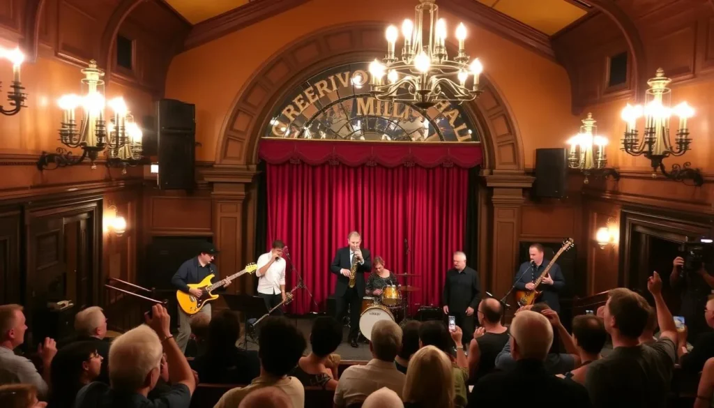 Image of the interior of Preservation Hall with a jazz band performing