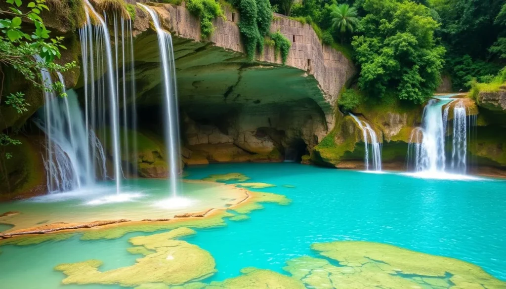 Image of turquoise pools cascading over a limestone bridge in Semuc Champey