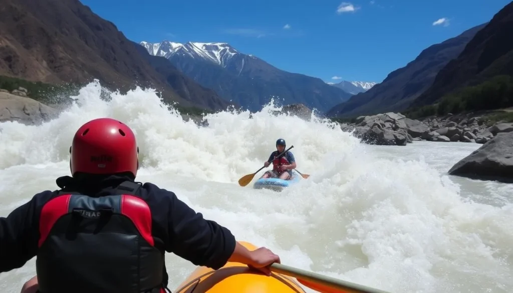 Image of white water rafting in Mendoza, with rafters navigating through turbulent waters surrounded by the Andes Mountains.