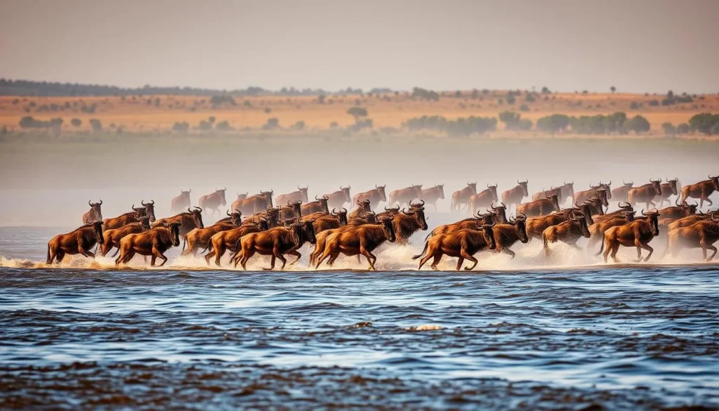 Image of wildebeests crossing the Mara River during the Great Migration