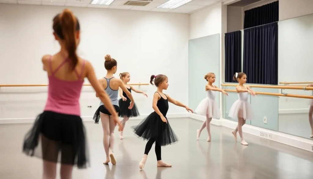 Image of young ballet dancers in a studio, with a ballet barre and mirrors.