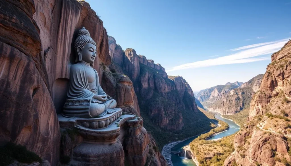 Imagine a giant Buddha carved into a cliff face, overlooking the confluence of three rivers.