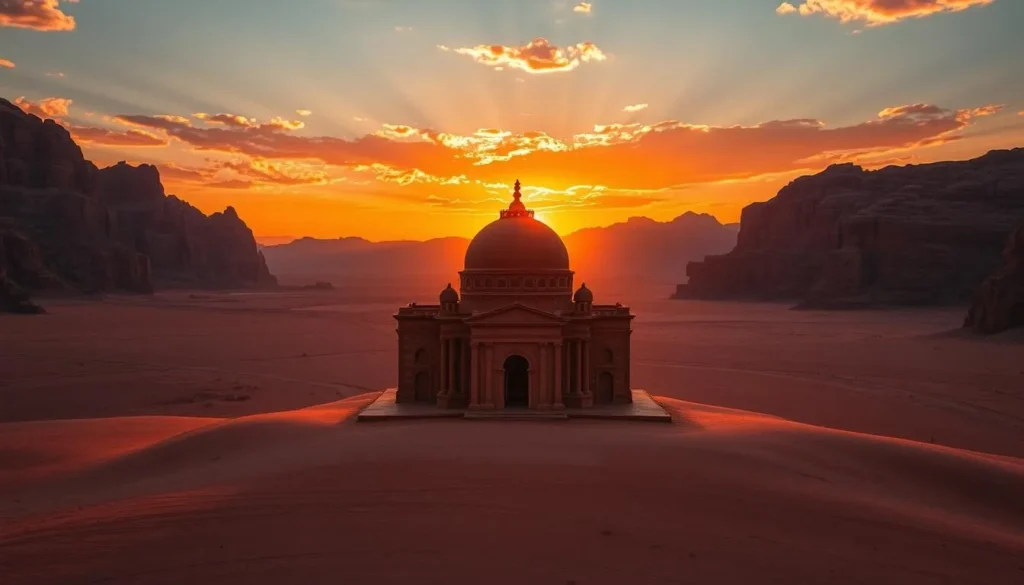 Imagine a luxurious desert dome in Wadi Rum at sunset.