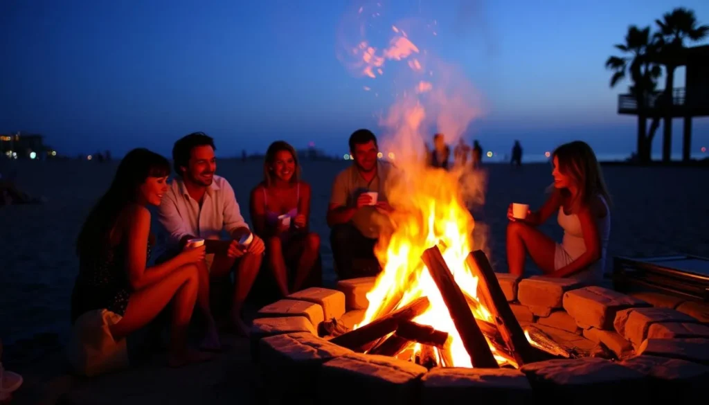 Imagine a serene Huntington Beach evening with a warm bonfire, s'mores, and loved ones around. <img alt="Huntington Beach Bonfire">