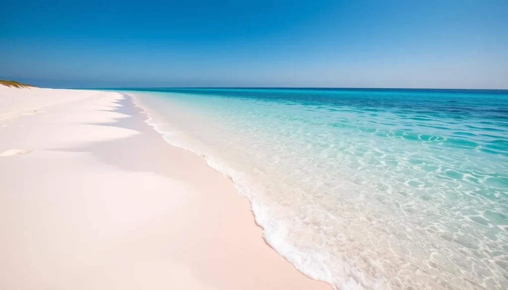 Imagine a serene beach with powdery white sand and crystal-clear turquoise waters.