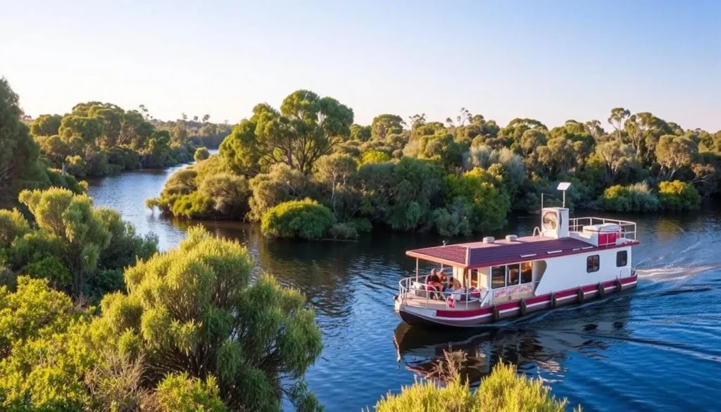 Imagine a serene houseboat journey on the Murray River, surrounded by lush greenery and vibrant wildlife.