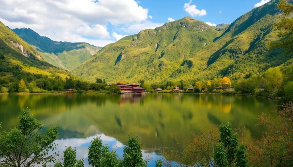 Imagine a serene lake surrounded by lush greenery and majestic mountains, perfect for a day trip from Lijiang.