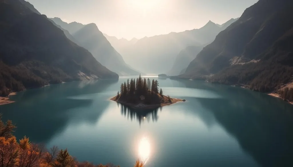 Imagine a serene lake surrounded by majestic mountains, with a picturesque island at its center.