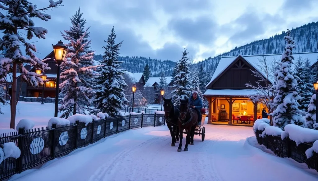 Imagine a serene winter evening in Keystone, Colorado, with snow-covered trees and a horse-drawn sleigh ride leading to a cozy dinner.
