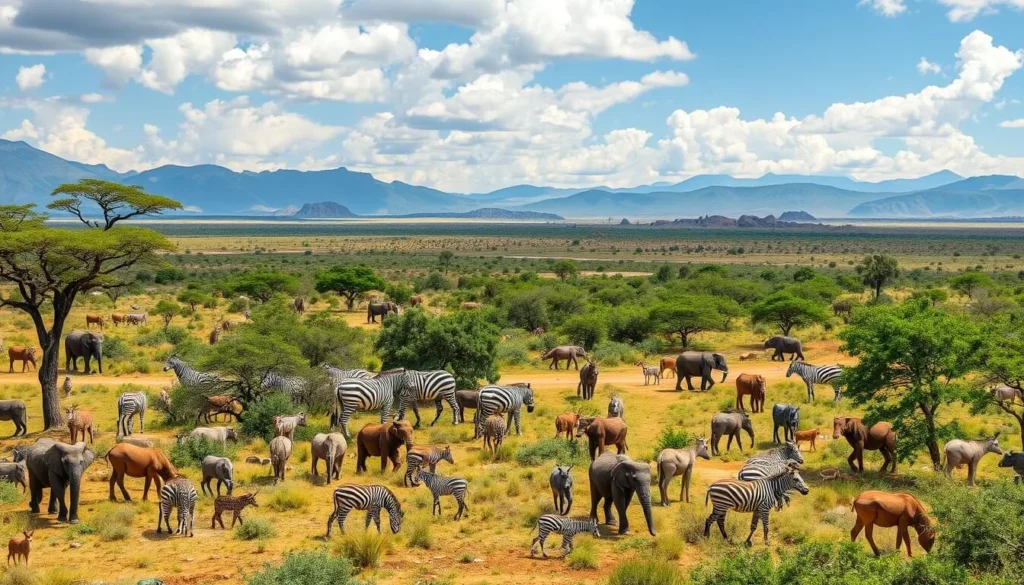 Imagine a sprawling wildlife park with diverse animal species and breathtaking views.