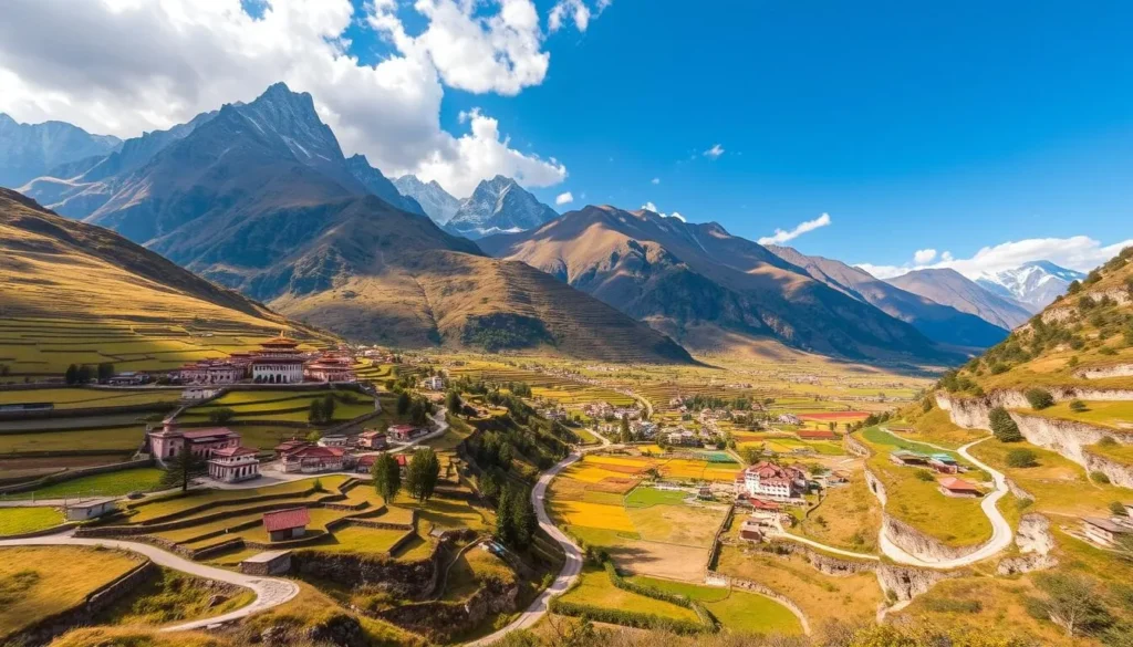 Imagine a valley with dramatic mountain scenery, ancient villages, and temples nestled among lush fields and winding hiking trails.