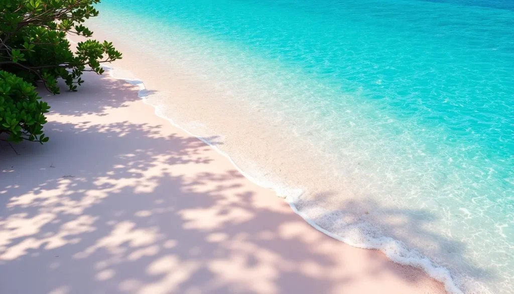 Imagine relaxing on a beach with pink sand, surrounded by crystal-clear waters and lush greenery.
