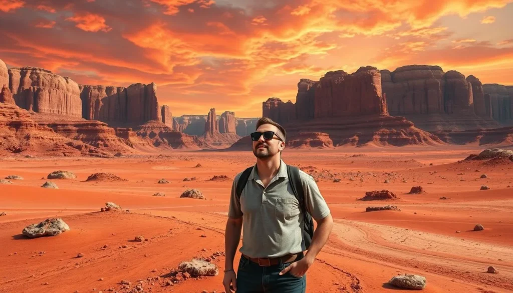 Imagine standing in a Mars-like landscape, surrounded by towering sandstone mountains and vast expanses of rust-red sand.