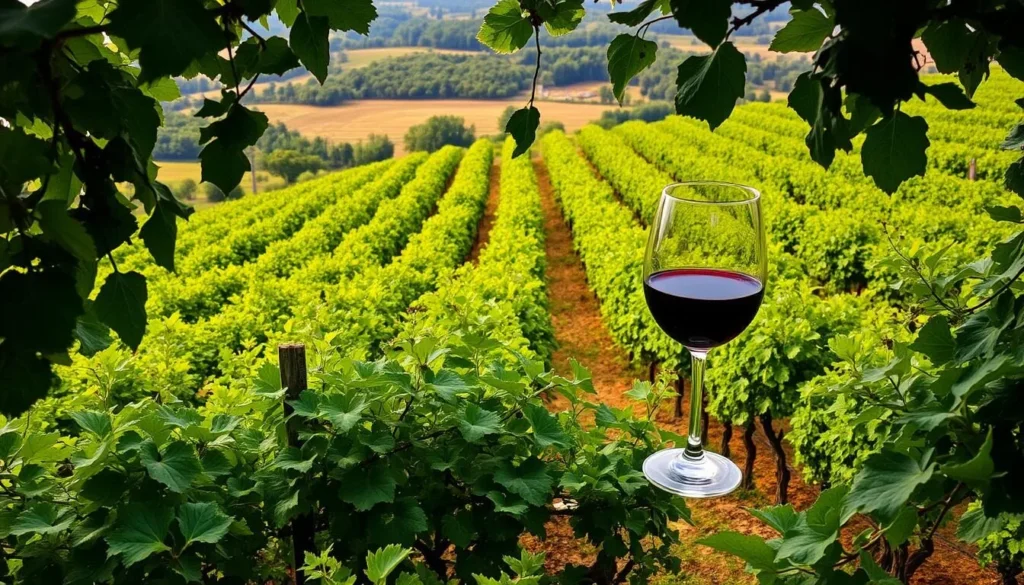 Imagine yourself in a picturesque vineyard, surrounded by lush greenery, with a glass of fine wine in hand.