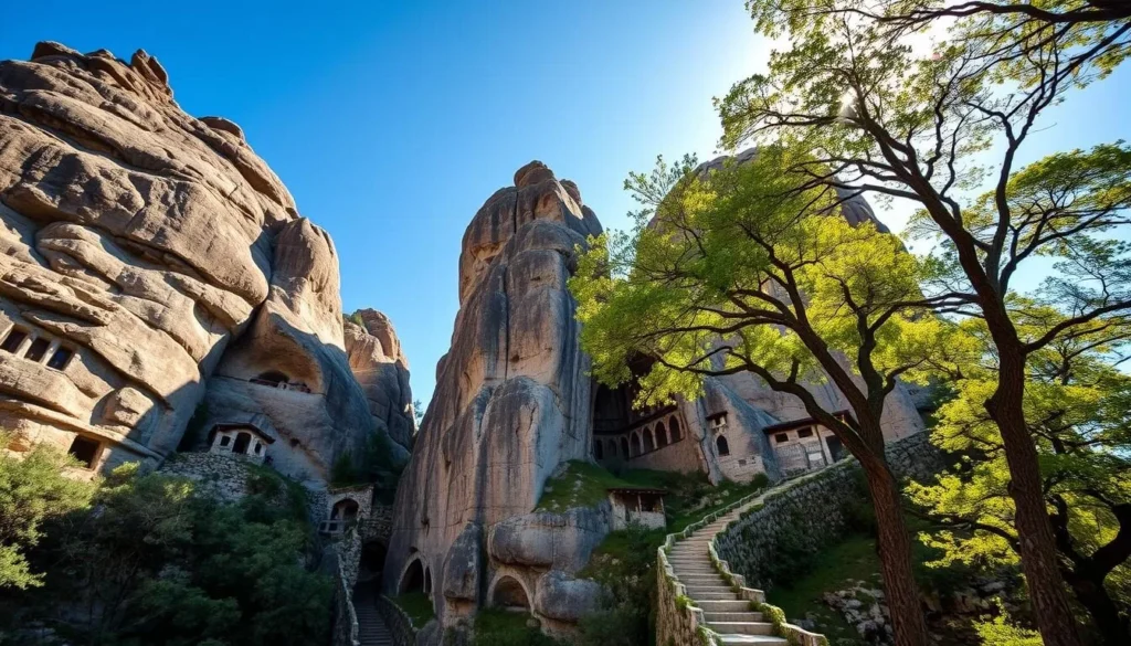 Imposing rocky outcrops rise majestically against a azure sky, their timeworn facades dotted with the enigmatic hermit caves of Meteora. Sunlight filters through the lush canopy of ancient trees, casting a warm, reverent glow upon the weathered stone dwellings nestled within the cliffs. Mossy pathways wind between the monastic structures, inviting exploration of this serene, contemplative realm where generations of hermits have sought solitude and spiritual enlightenment. Capture the grandeur and tranquility of this remarkable Greek landscape, showcasing the harmony between the natural and the man-made.