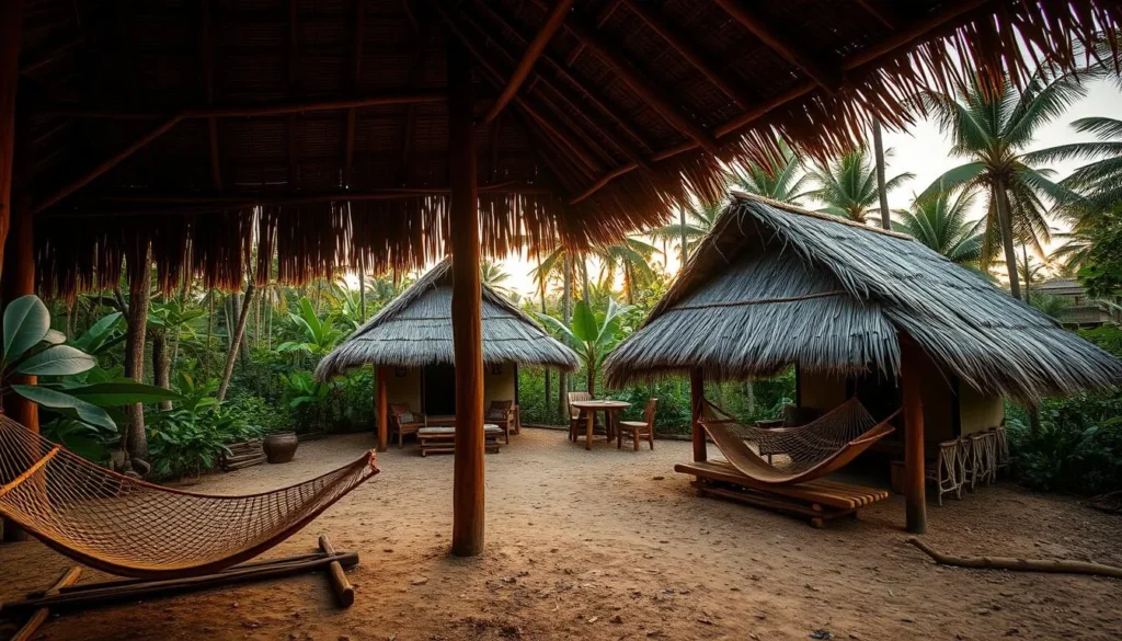 Indigenous Wai-Wai village eco-lodge in Guyana with traditional thatched roofs Indigenous Wai-Wai village eco-lodge in Guyana with traditional thatched roofs