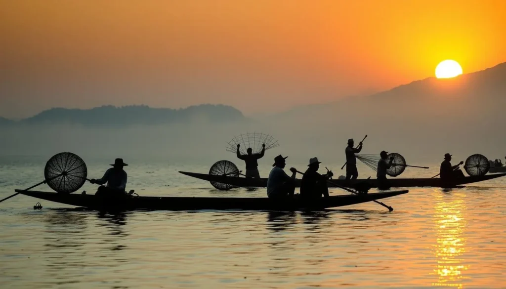 Inle Lake, Myanmar with traditional fishermen demonstrating leg-rowing technique at sunset Inle Lake, Myanmar with traditional fishermen demonstrating leg-rowing technique at sunset