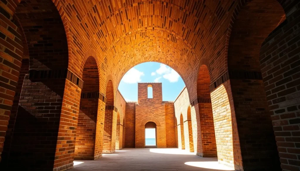 Interior brick archways of Fort Jefferson in Dry Tortugas National Park with sunlight streaming through