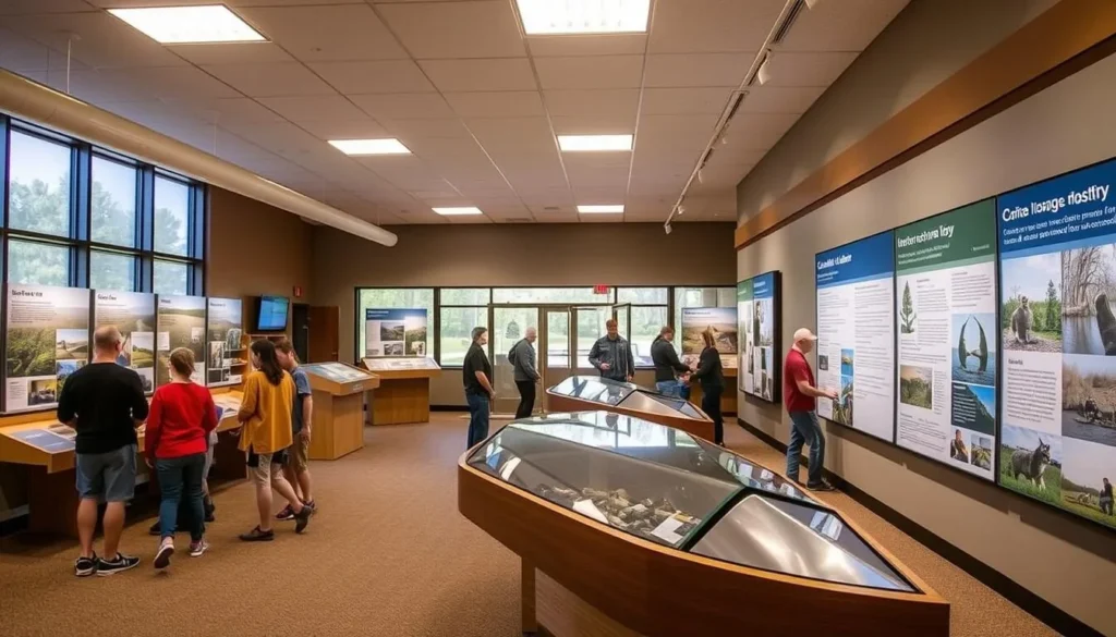 Interior of Carlyle Lake Visitor Center showing interactive exhibits and information displays