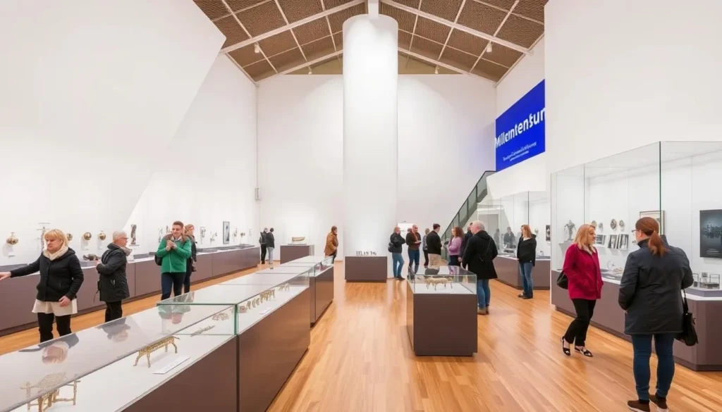 Interior of Millennium Gallery Sheffield showing metalwork exhibits and visitors exploring the space