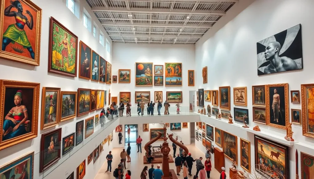 Interior of Nike Art Gallery in Lagos showing colorful Nigerian artwork displayed on multiple levels Interior of Nike Art Gallery in Lagos showing colorful Nigerian artwork displayed on multiple levels