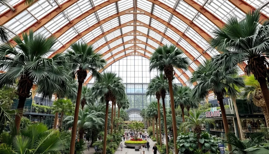 Interior of Sheffield Winter Garden showing the vast glass structure filled with exotic plants and trees