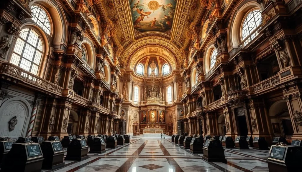 Interior of St. John's Co-Cathedral in Valletta, Malta, showing the ornate baroque architecture, gold decorations, and marble floor Interior of St. John's Co-Cathedral in Valletta, Malta, showing the ornate baroque architecture, gold decorations, and marble floor